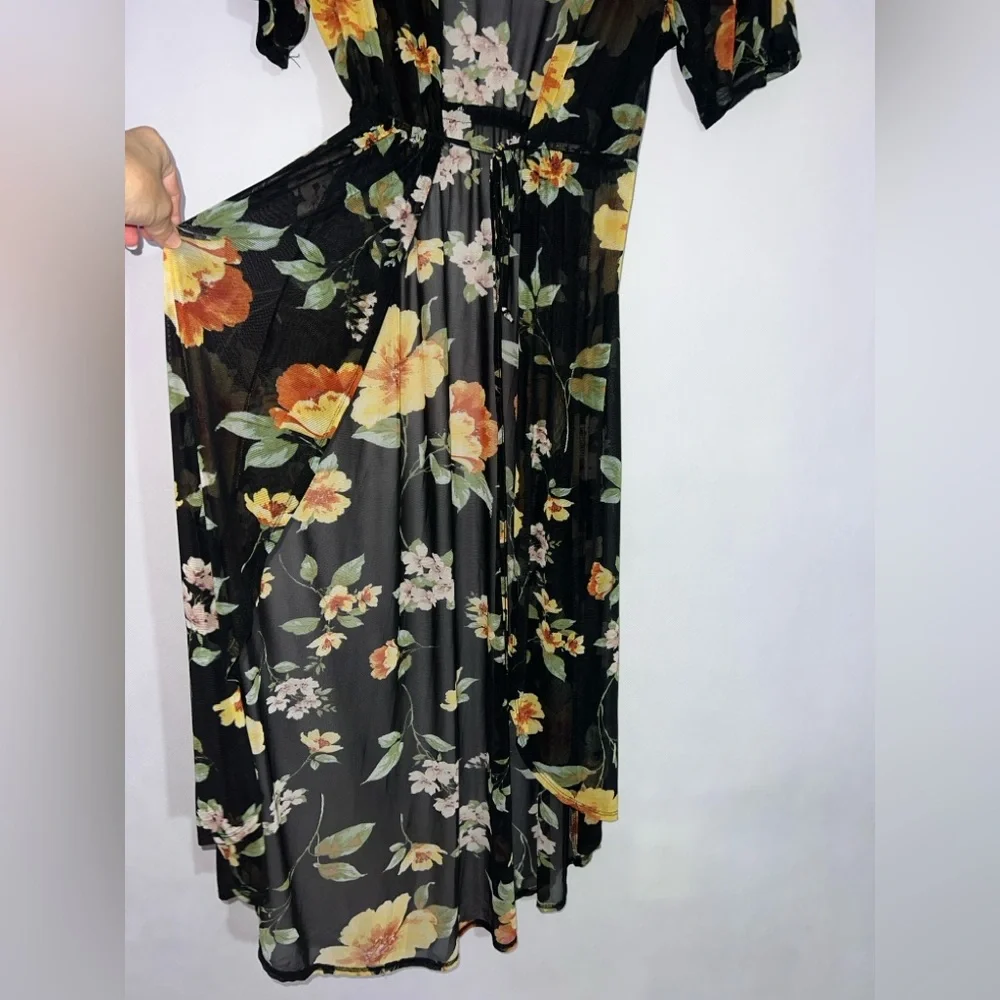 3rd + Malt black floral print sheer‎ duster cardigan cover-up with drawstring M